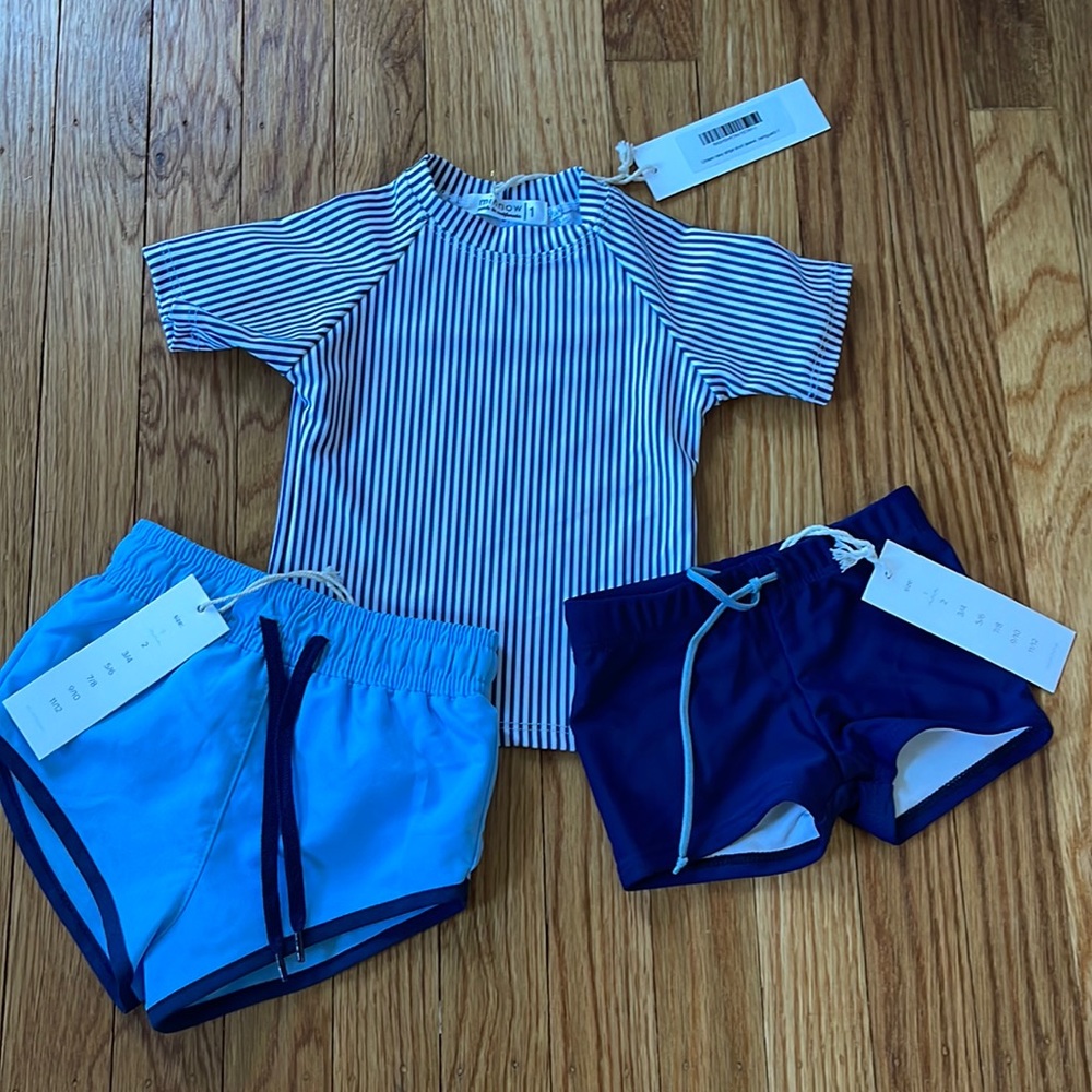 NWOT Minnow swim rash guard, brief, & boardie shorts - Size 1